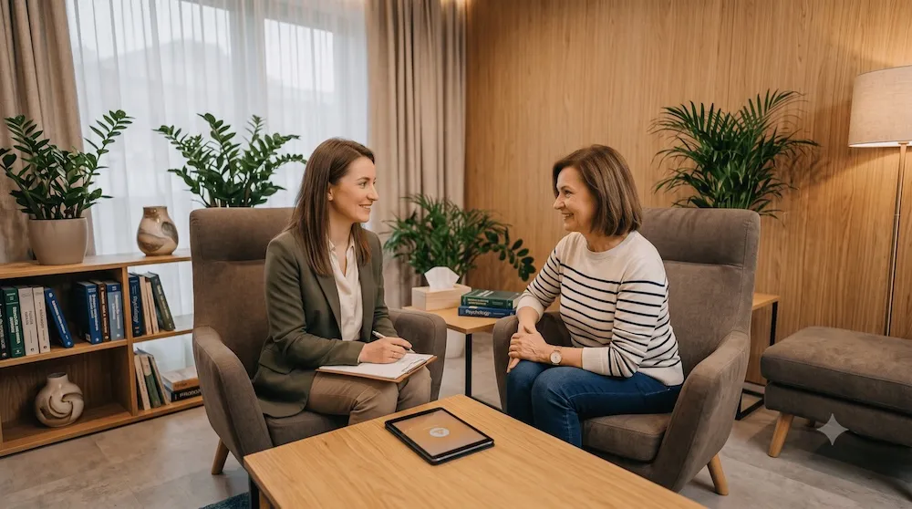 pacjent i psycholog rozmawiający w gabinecie